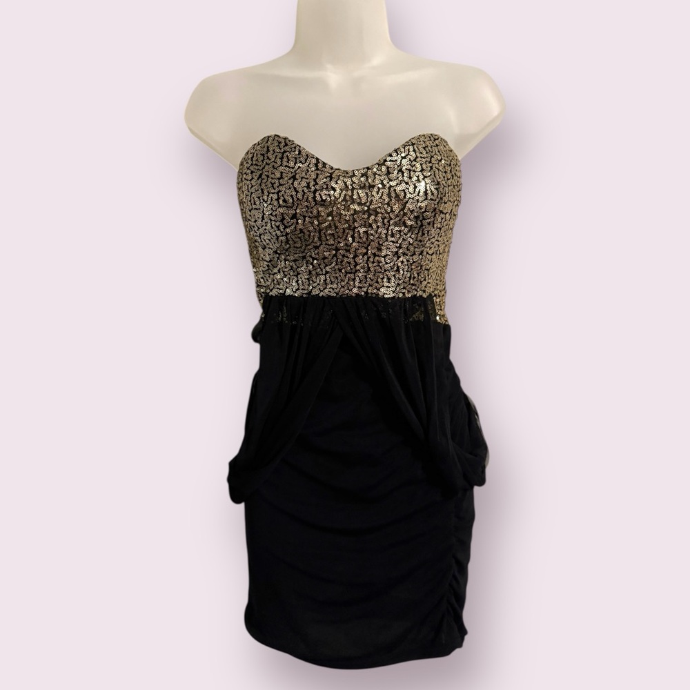 Strapless Black Gold Sequin Mini Dress Sweetheart Neck Size S